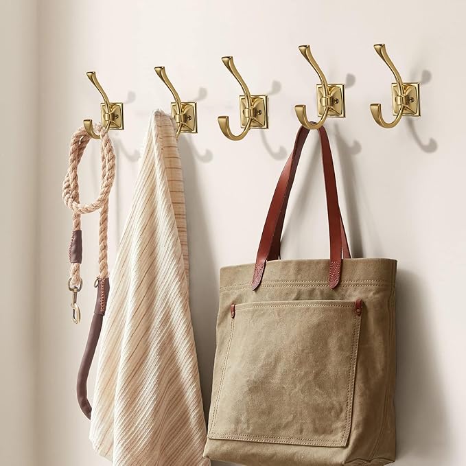 Large Wall Hooks 5 Pack Champagne Brozne Coat Hooks Hardware Towel Hooks for Hanging Coats 4.35 Inch Double Robe Hooks Wall Mounted with Screws for Key, Towel, Bags, Cup, Hat