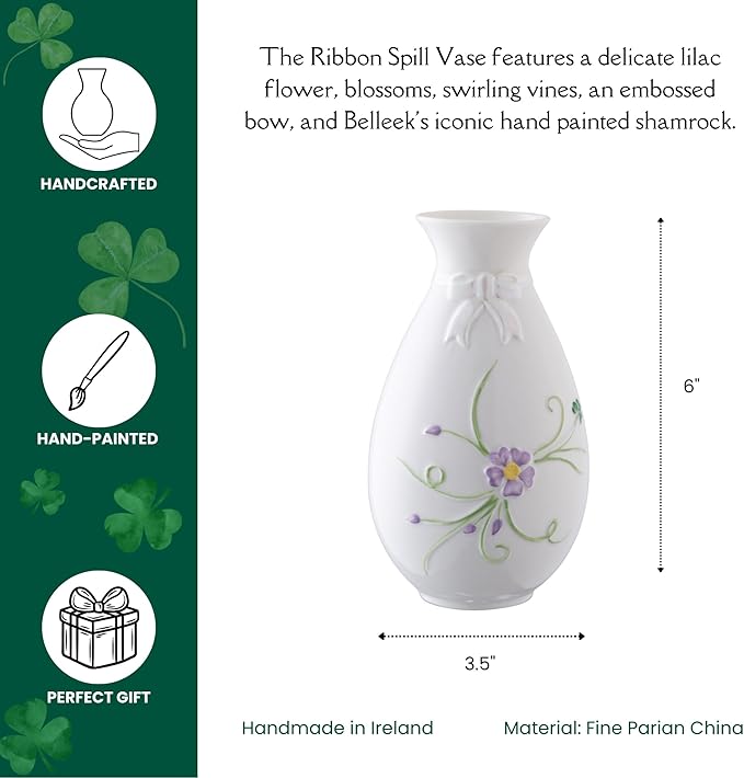 Belleek Ribbon Spill Vase - White Flower Vase Handcrafted Fine Parian China Shamrock Irish Decor, 3.5”D x 6”H