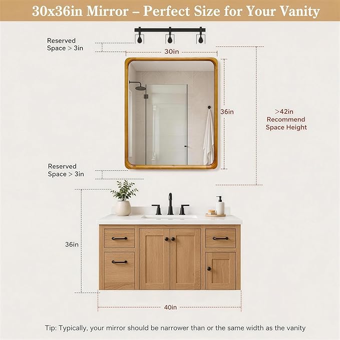 Tanmicoshomy Natural Wood Bathroom Mirror 30 x 36 Inch, Rectangle Mirrors with Tempered Glass for Living Room Bedroom or Entryway