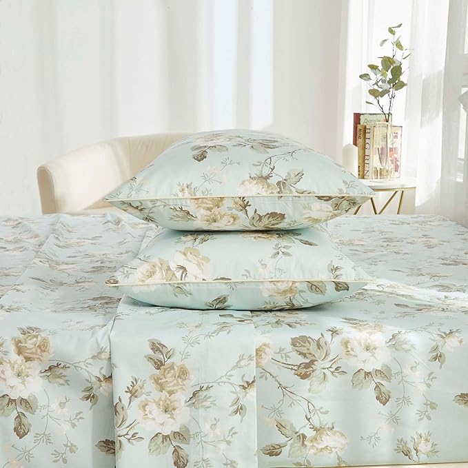 Brandream French Country Garden Toile Floral Print Bed Sheet Set Luxury Bedding Collections 800TC 100% Egyptian Cotton Tapestry Pattern Chinoiserie Peony Blossom Tree Branches, 4Pcs-Queen Size