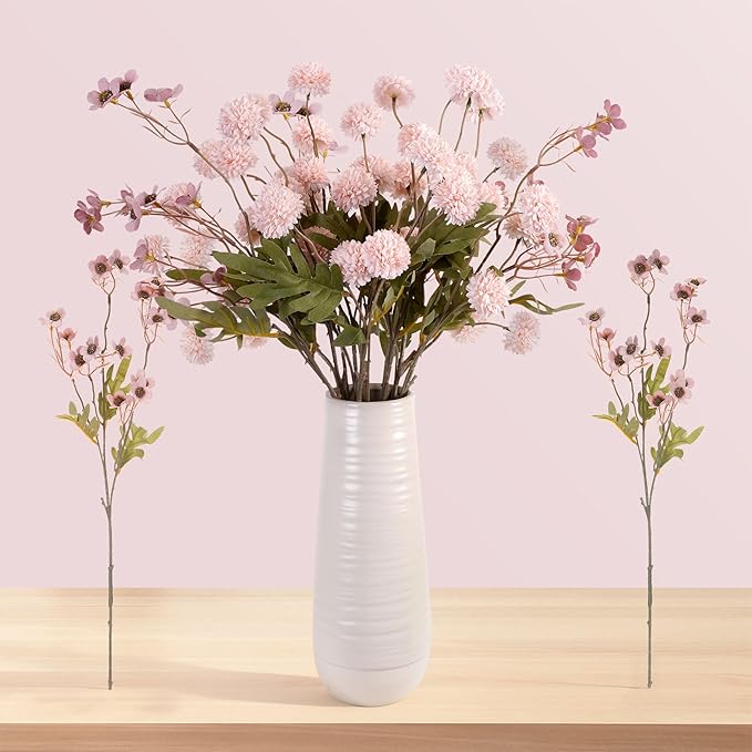 8PCS Pink Fake Flowers Artificial Chrysanthemum Faux Mums Matching 2PCS Rose Red Daisy Faux Flowers for Vase Fall Long Stems Flower Silk Flower for Home Decor Wedding Decor (20.5In,No Vase)