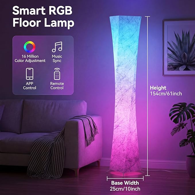 61'' Square Floor Lamp, RGB LED Corner Floor Lamp with Music Sync, 16W+ Colors & 3 Color Temperatures, APP & Remote Control, Modern Standing Lamp for Living Room Bedroom