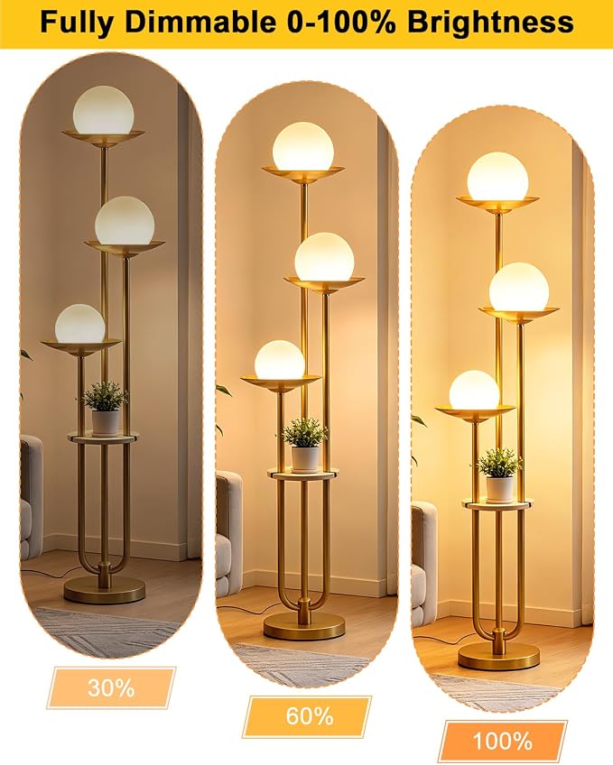 63IN Globe Floor Lamp with Shelf 3-Lights Modern Dimmable Floor Lamps with 3000K Soft Warm White Bulbs for Wedding/Party, Gold Tall Standing Lamp with 5Lbs Heavy Base for Living Room/Bedroom