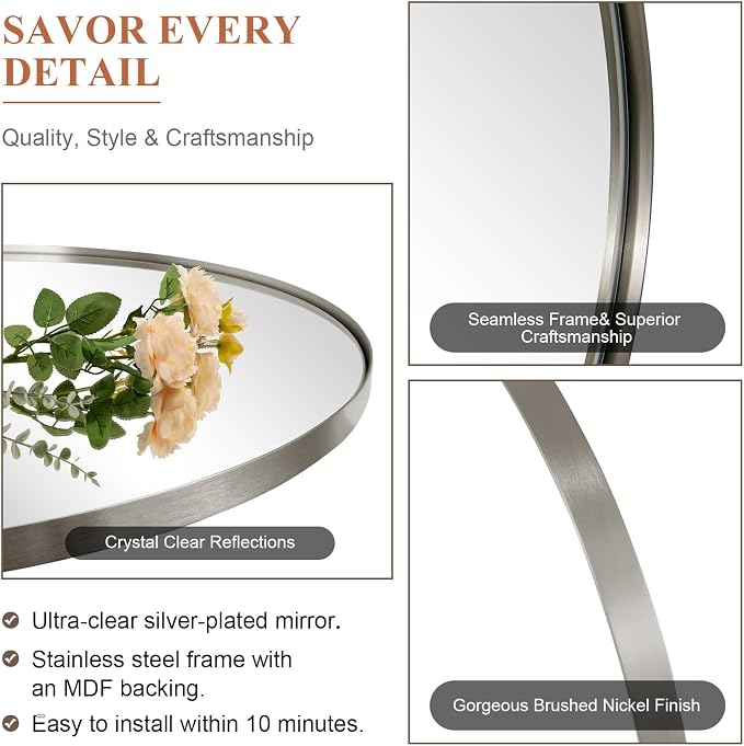 ANDY STAR Arched Mirror, 20" x 30" Brushed Nickle Bathroom Mirror in Stainless Steel Metal Frame, Arch Top Rounded Corner 1" Deep Set Design Wall Mount Hangs Vertical