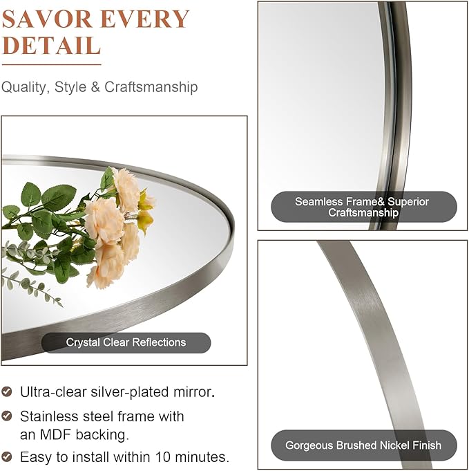 ANDY STAR Arched Mirror, 20 x 28 Inch Brushed Nickel Wall Mirror in Stainless Steel Metal Frame, Arch Top Rounded Corner 1 Inch Deep Set Design Wall Mount Hangs Vertical