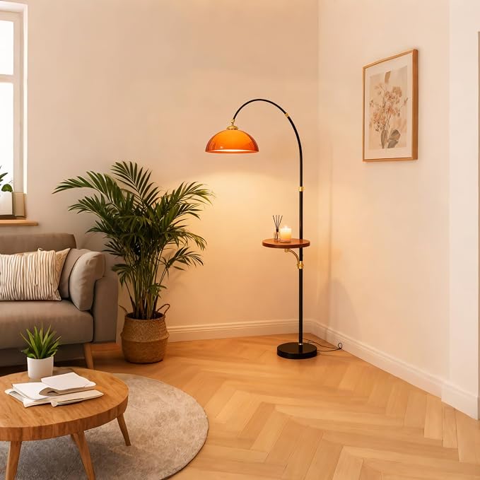 MIXL-Black Arch Floor Lamp with Wood Table,2-Tier Shade Over Couch Curved Floor Lamp,Unique Ambient Lighting,Mid Century Modern Standing Light for Office Nursery