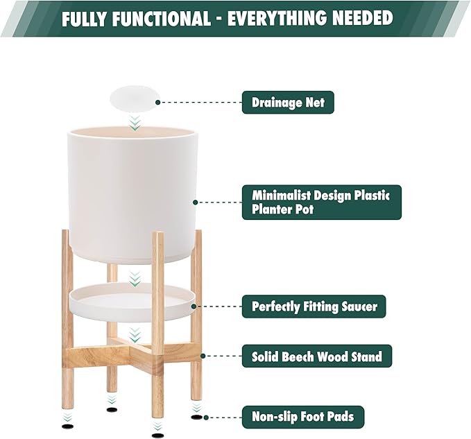 D'vine Dev Planter Pot with Stand - 10 Inch Plastic Cylinder Flower Pot with Wood Planter Holder for Indoor, Oatmeal Pot + Natural Stand, 55-C-M-4