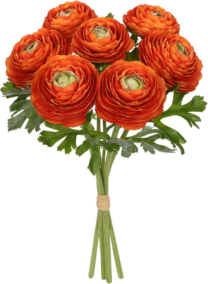 Hollyone 7 Heads Ranunculus Artificial Flowers Orange Fake Ranunculus Small Bouquets Silk Flowers Faux Floral Centerpieces Flower Arrangements for DIY Home Decor Wedding Party Bridal Shower Decoration