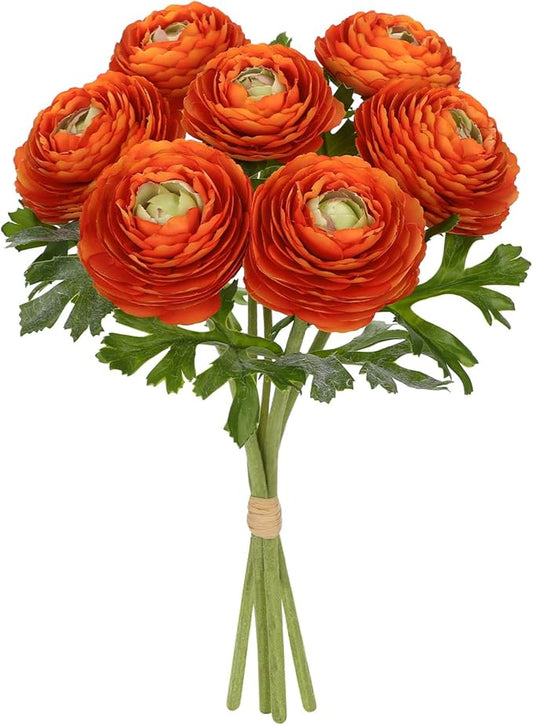 Hollyone 7 Heads Ranunculus Artificial Flowers Orange Fake Ranunculus Small Bouquets Silk Flowers Faux Floral Centerpieces Flower Arrangements for DIY Home Decor Wedding Party Bridal Shower Decoration