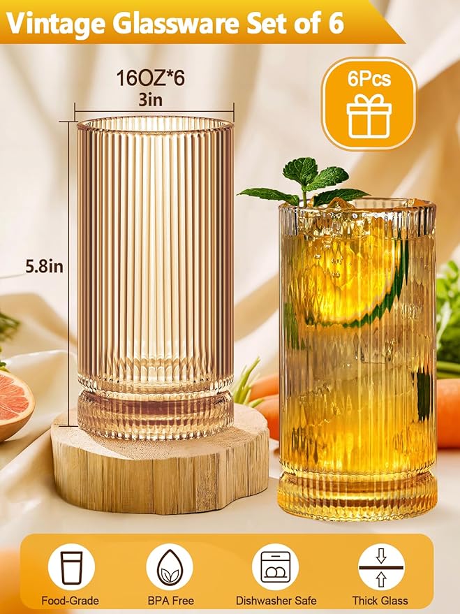 16Oz Amber Ribbed Glassware Set Of 6 – Vintage Drinking Glasses And Ribbed Glass Cups, Amber Glassware Drinkware Set For Water, Juice, Cocktails, Iced Coffee, Smoothies, Beer, Home, Parties