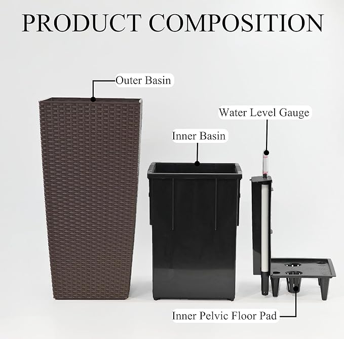 23in Tall Planter Set of 2, Large Self Watering Pots for Indoor/Outdoor Plants with Drain Holes, Water Level Monitor, Inner Bucket for Front Porch Patio, Brown Rattan