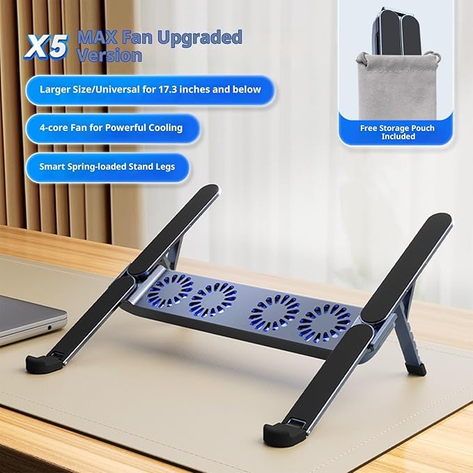 ANGESHA Foldable Laptop Cooling Pad with Quiet Fan and Adjustable Stand for 10-17inch Tablets Aluminum Alloy Design