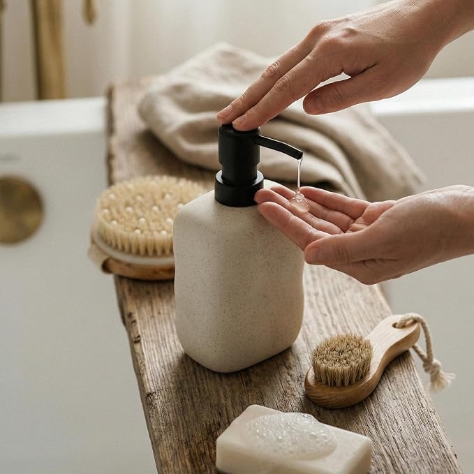 EMPO Ceramic Hand Soap Dispenser with Matte Black Pump, Stone-Textured Wabi-Sabi Liquid Dispenser for Bathroom Vanity and Kitchen Sink (440ml/14.8oz)