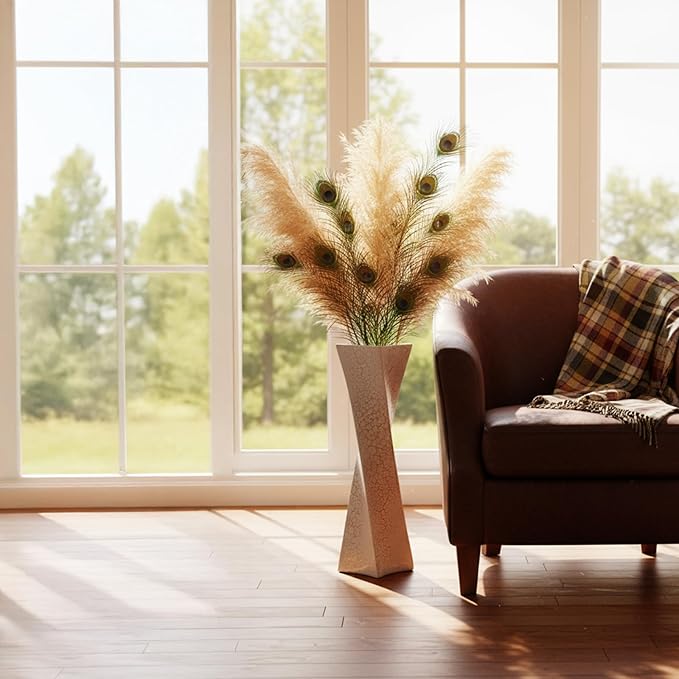 27.5 Inch (Ice Crack White) Tall Floor Vase for Home Decor - Modern Freestanding Vase with Textured Finish, Handmade Design for Pampas Grass, Artificial Flowers, Farmhouse Living Room Corner Décor