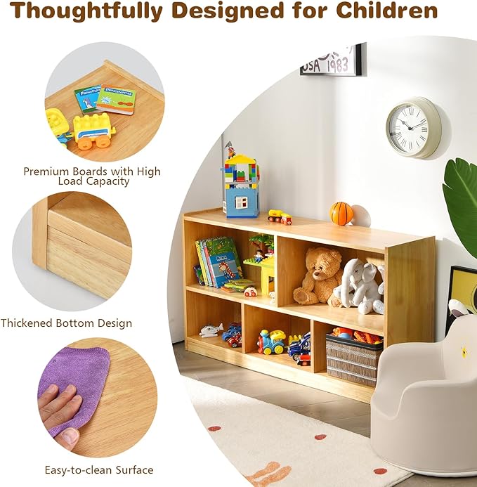 Costzon 2-Shelf Bookcase for Kids, Wooden Toy Storage Organizer for Books Toys, 5-Section Freestanding Classroom Daycare Montessori Bookshelf for Preschool, Home Playroom & Kindergarten (Burlywood)