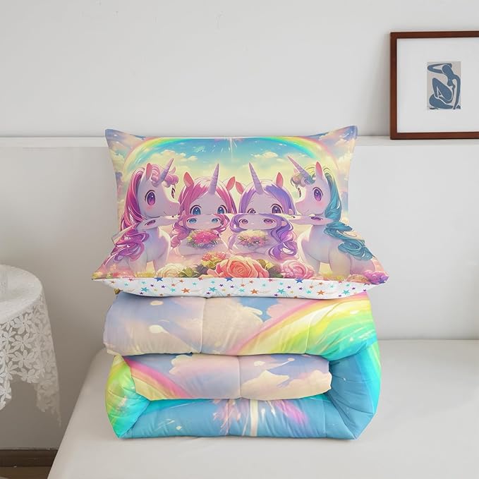 Castle Fairy Kawaii Unicorn Full Size Comforter Set,Cartoon Cute Unicorn Horse Animal Reversible Bedding Comforters Bedroom Collection,Stars Rainbow Watercolor Flowers Bedding Set for Girls Teens