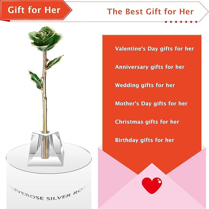 AliveRose 24k Gold Rose, Long Stem Rose Made from Real Gold Rose for Anniversary Valentines Mothers Day Birthday(Mint Green with Crystal Vase)