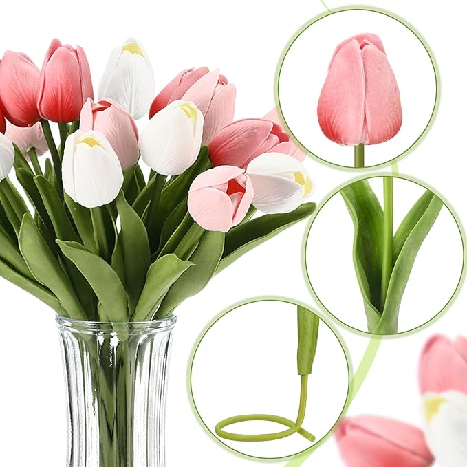 Janinka 60pcs Artificial Tulip Flowers Fake PU Tulips Faux Latex Bouquet Flower Centerpieces Arrangement Floral for Mother Day Wedding Spring Decorations (Dark Pink,Light Pink,White)