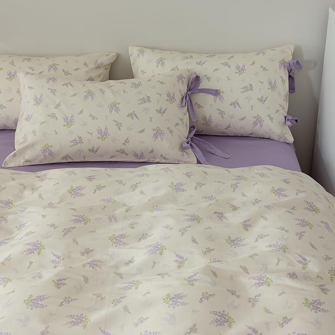 VM VOUGEMARKET Queen Comforter Set Floral Prints,Cottagecore Bedding Set,1 Purple Flower Down Alternative with 2 Bowknot Pillowcases for All Seasons(3pcs,Queen)