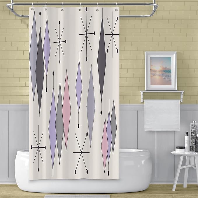 Boho Mid Century Shower Curtain Abstract Purple Grey Pink Diamond Geometric Atomic Starburst Pattern Beige for 1950s Retro Bathroom Decor Shower Curtain Set with 12 Hooks, 36x72 Inches
