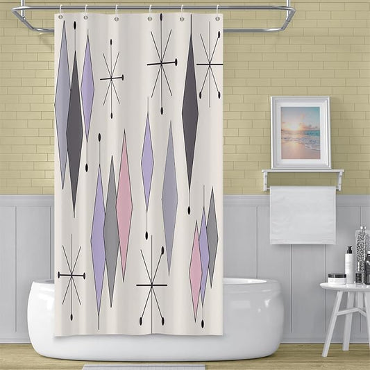 Boho Mid Century Shower Curtain Abstract Purple Grey Pink Diamond Geometric Atomic Starburst Pattern Beige for 1950s Retro Bathroom Decor Shower Curtain Set with 12 Hooks, 36x72 Inches
