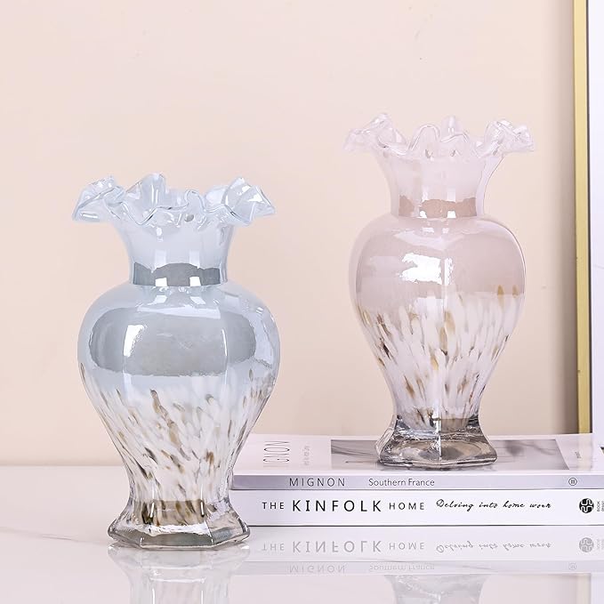9.5" Tall Blue Glass Vase Beautiful Hand Blown Glass Decor Flowers Vases for Centerpieces, Modern Murano Glass Art Colorful Blue and White Vase, for Home Decor Table Entryway Wedding Decoration