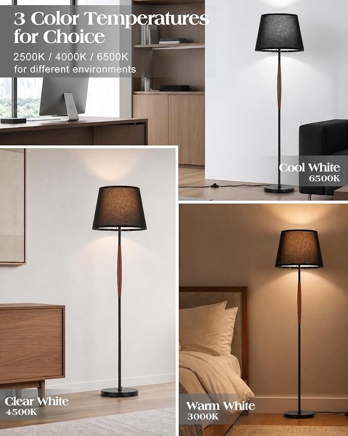 ELYONA Mid Century Modern Floor Lamp, Solid Wood Reading Standing Lamp with Black Linen Fabric Shade, Vintage Corner Light for Living Room Bedroom Office 3 Color Temperatures 9W Bulbs Included, Walnut