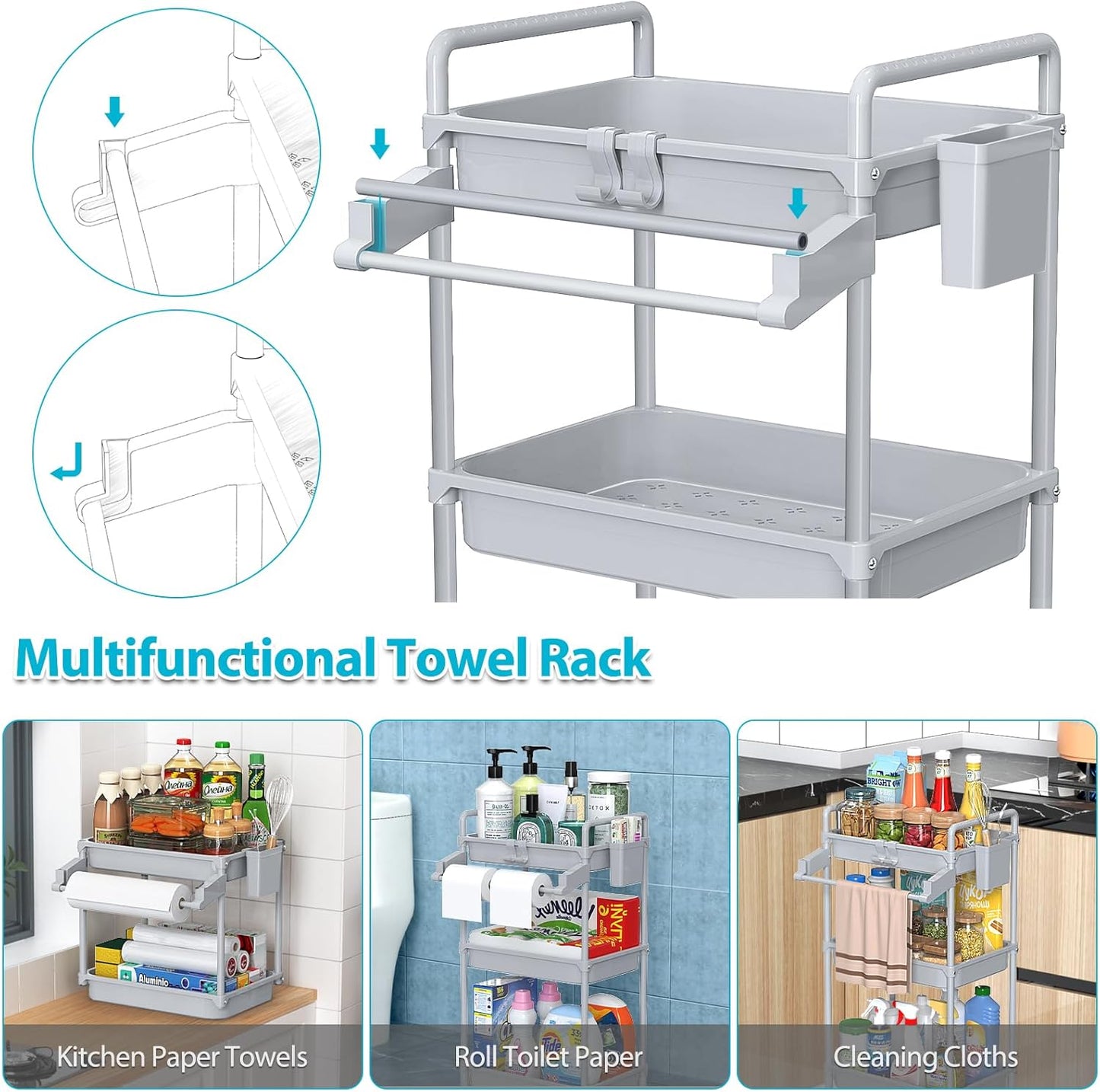 SPACEKEEPER Rolling Storage Cart - 3 Tier Utility Cart for Laundry & Bathroom Organization | Grey with Lockable Wheels & Hooks