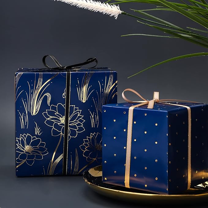 LeZakaa Floral Wrapping Paper Roll, Luxury Metallic Gift Wrap with Floral, Stars & Polka Dot Design for Mothers Day, Wedding, Bridal Shower, Birthday, Anniversary, 17 x 120 inches, 3 Rolls, Mini Roll