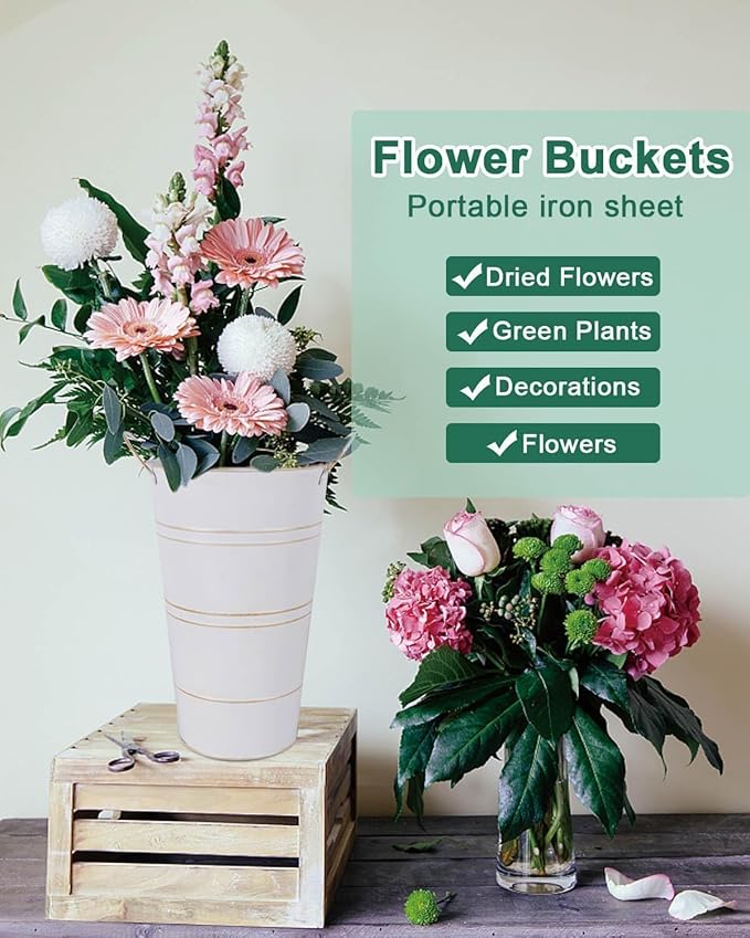 vensovo 12 Inch Galvanized Metal Vases for Flowers - 2 Pcs Farmhouse Decorative Tall Flower Bucket with Handles, Rustic French Tin Planter Buckets for Wedding Decor (White)