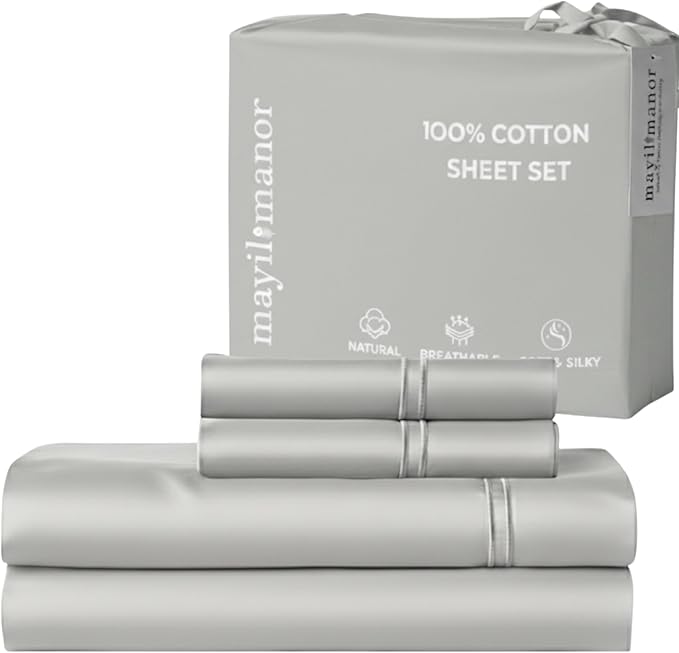 100% Natural Cotton Bed Sheets | 500 TC Single-Ply Sateen Weave Cal King Sheet Set | Breathable & Hypoallergenic Solid 4-Piece Bedding with Deep Pocket Fitted, Flat, Pillowcase | Grey