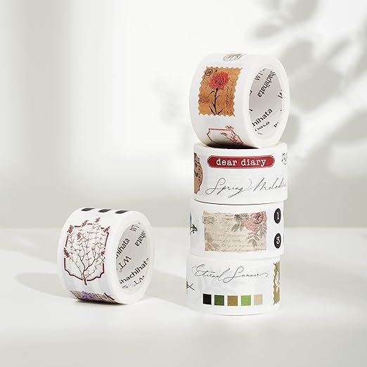 WT Seasonal Splendor Washi Tape Sticker Set, 5 Rolls, Original Designs, Vintage Watercolor Floral Design, Adhesive Stickers for Junk Journals, Scrapbooks, Bujo, Planners, DIY Crafts