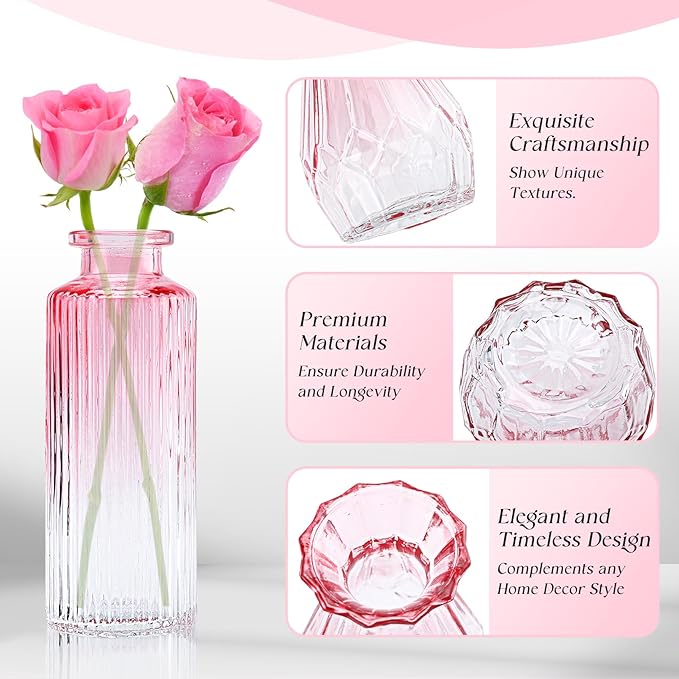 Glass Bud Vases Set of 12,Pink Bud Vases in Bulk,Small Flower Vase for Centerpiece,Mini Vintage Vase for Wedding Home Room Office Table Decor(Pink)