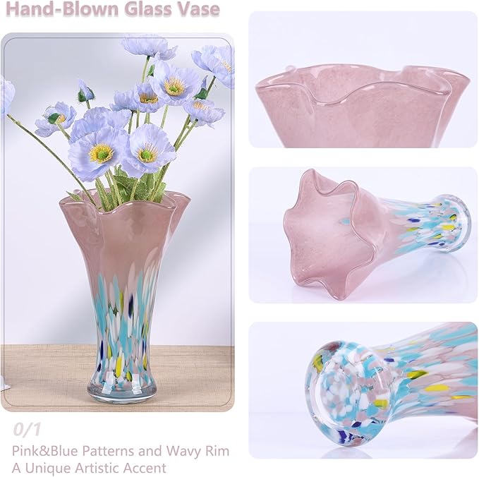 9.0" H Blush Glass Vases for Flowers, Unique Hand Blown Glass Vase Blush Home Decor, Wide Mouth Colorful Flower Vase Centerpieces, for Living Room Table Bookshelf, Bathroom Office Shelf Decorative