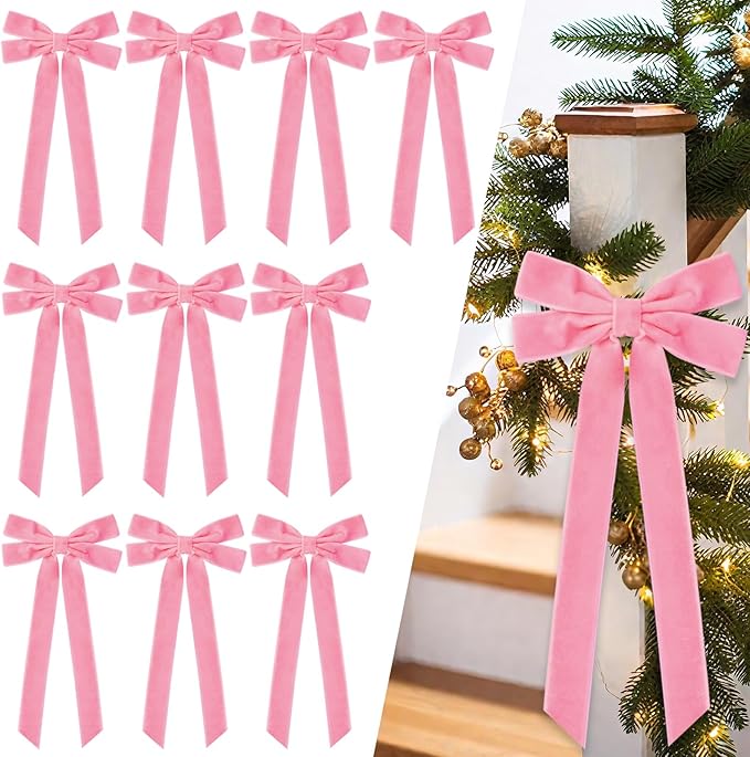 JOICEE 15Pcs Pink Velvet Bows, 5in x 12in Christmas Tree Wreath Bows Rustic Crafts Gift Ribbon Bows for Christmas Decorations Indoor Outdoor Birthday Party Wedding Holiday Decor