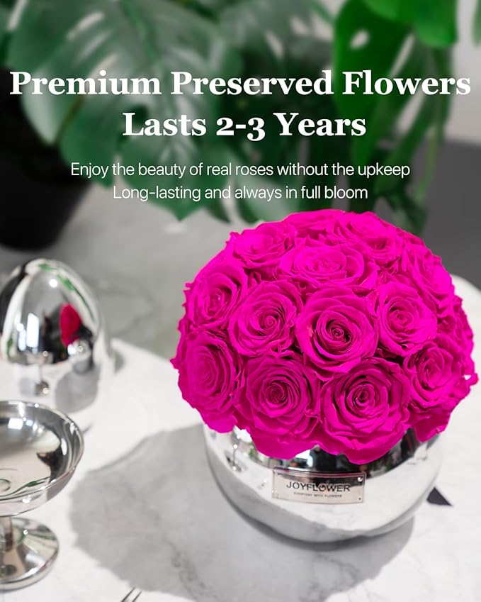 JoyFlower Preserved Flowers Vase Glass Decor, Eternal Flower Vases for Centerpieces, Forever Flower Decorations for Party Home Wedding Table Living Room Bedroom, Preserved Roses Glass Vase House Decor