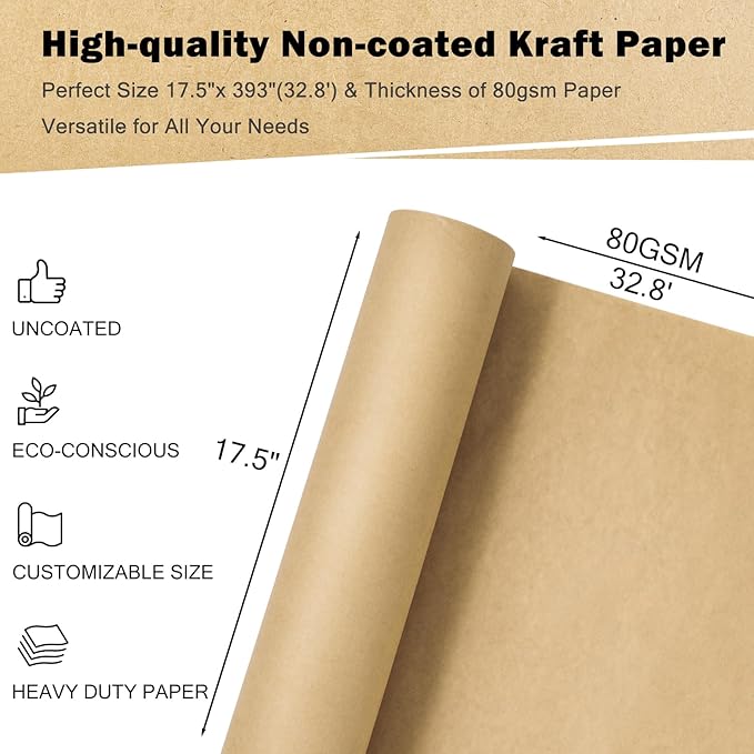 RUSPEPA Brown Kraft Wrapping Paper Roll, 17.5"x 393"(32.8'), Recyclable Brown Art Gift Wrap Paper for Gift Wrapping, Table Covering, Kid Craft Supplies, Bouquet Flower, Bulletin Board, 80GSM