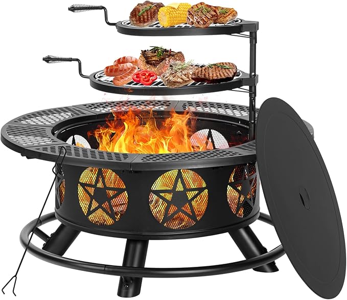 OutVue 36 Inch Fire Pit with 2 Grills, Wood Burning Fire Pits for Outside with Lid & Poker, BBQ& Outdoor Firepit & Round Metal Table 3 in 1 for Patio, Picnic, Party