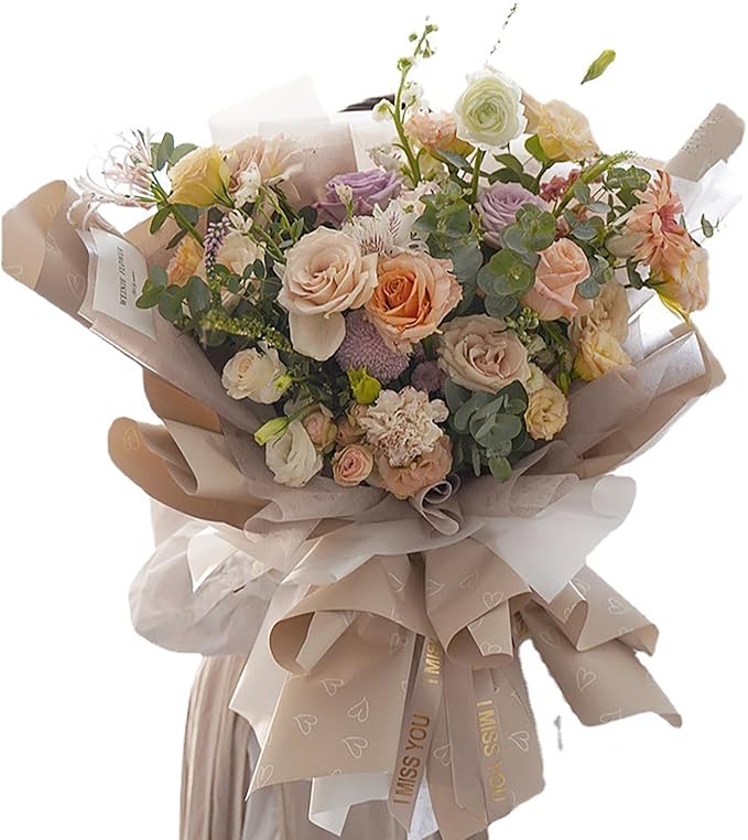 MLSG 20 Sheet Solid Color Heart Wrapping Paper - Waterproof Floral Bouquet Wrapping Paper, Florist Supplies Packaging Paper for Wedding Birthday Gift Wrap Paper (White Gold)