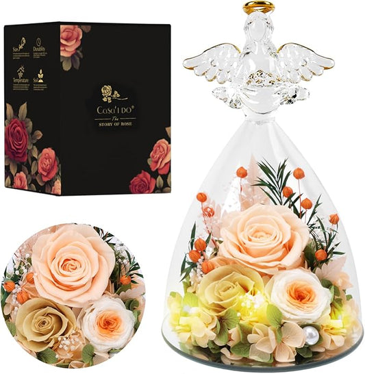 Christmas Rose Gifts for Women, 7" Champagne Preserved Roses Flowers in Glass Angel Figurine, Birthday Gift for Mom Wife Grandma, Eternal Rose for Mothers Day Valentines Anniversary