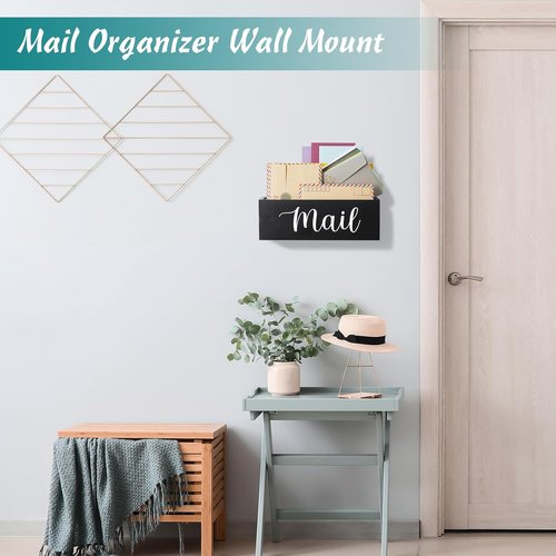 DRASTAR Mail Organizer - Stylish Black Wood Desk Holder with 2 Slots for Home Office Decor