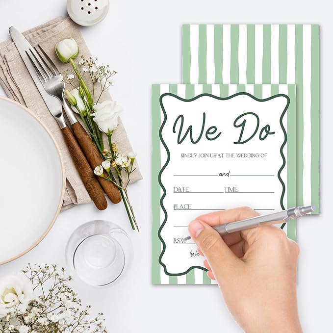 Green Stripe Wedding Invitations, 5"x 7" Cheers & Tears Wedding Invites Card With Envelopes, 25 PCS for Party Decorations and Supplies - A05