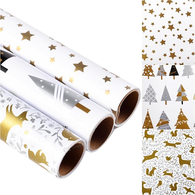 Miss DuiDui Christmas Gift Wrapping Paper, 3 Rolls, 17 inch x 9.8 feet, Gold Stars Animals Trees Xmas Design for Christmas, Party, Kids Boys Girls, Baby Shower, Holiday