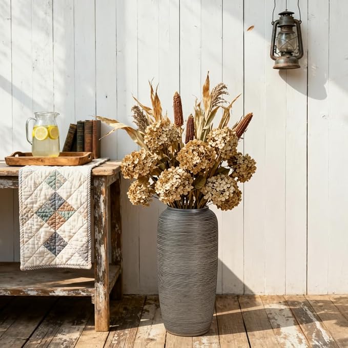 Vintage Ceramic Floor Vase – 15.7 Inch Distressed Glazed Oversized Floor Urn, Rustic Country Decor for Entryway, Living Room & Corner