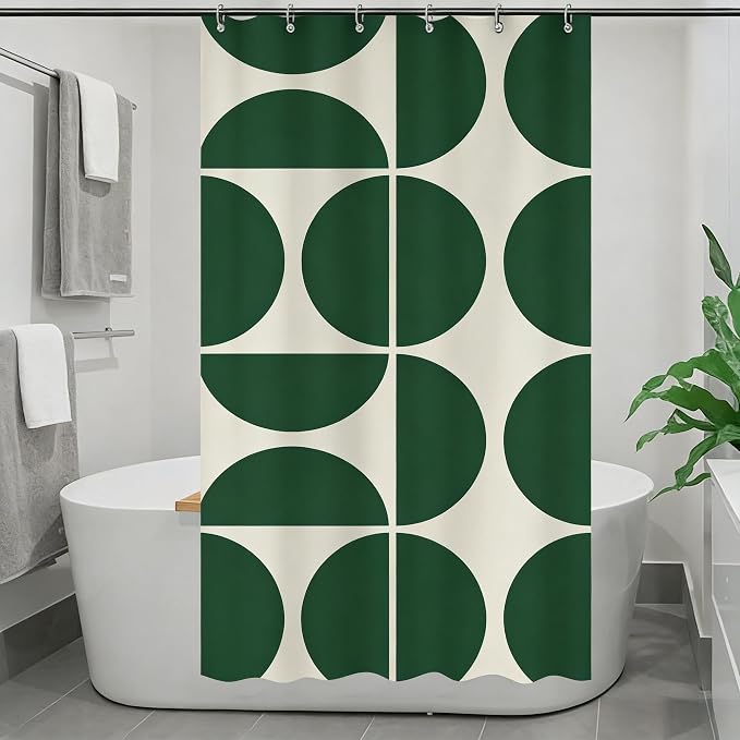 Green Mid Century Modern Shower Curtain, Boho Abstract Geometric Retro Art Bath Curtains for Bathroom, Colorful Unique Pattern Waterproof Polyester Fabric Bathroom Set 12 Hooks 36X72IN