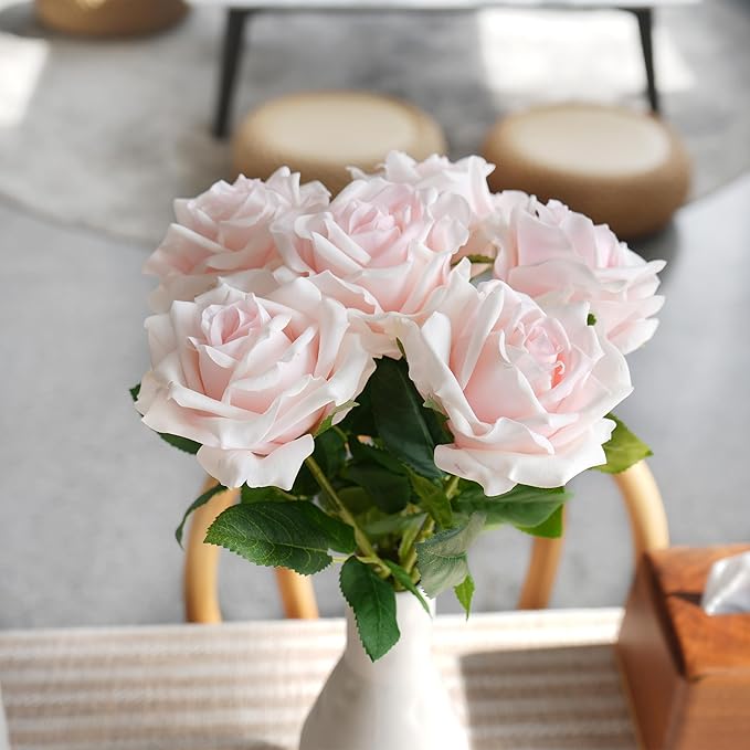 6 Pcs Silk Real Touch Latex Roses, Artificial Single Stem Big Bloom Faux Roses for Home Party Office Wedding Indoor Decor, Floral Arrangements, Table Centerpieces