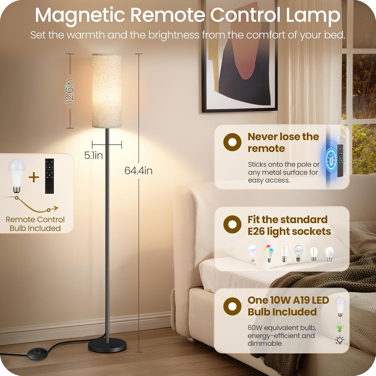 Skiennix Dimmable Floor Lamp - Modern 64.4” Standing Lamp with Remote & Foot Switch | Beige, 10W LED Bulb Included