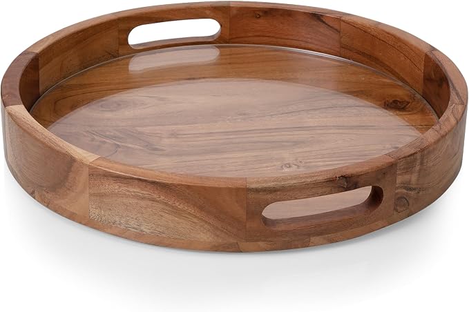 PICNIC TIME Barista Serving Tray with Glass Insert, Round Acacia Wood Cheese Board, Serving Platter with Handles, (Acacia Wood)