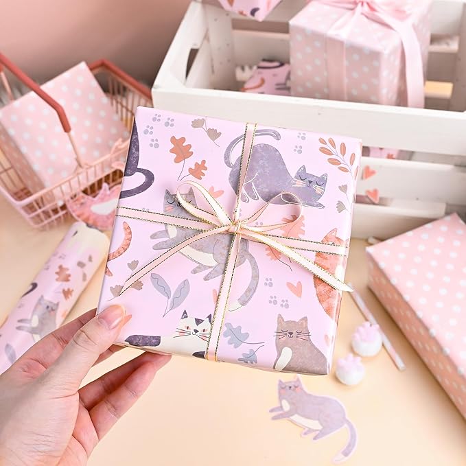 Burymento Reversible Cat Design Wrapping Paper Roll - Pink and white polka dot design on the other side, suitable for Valentine's Day, Birthday, Mother's Day, Wedding, Baby Shower