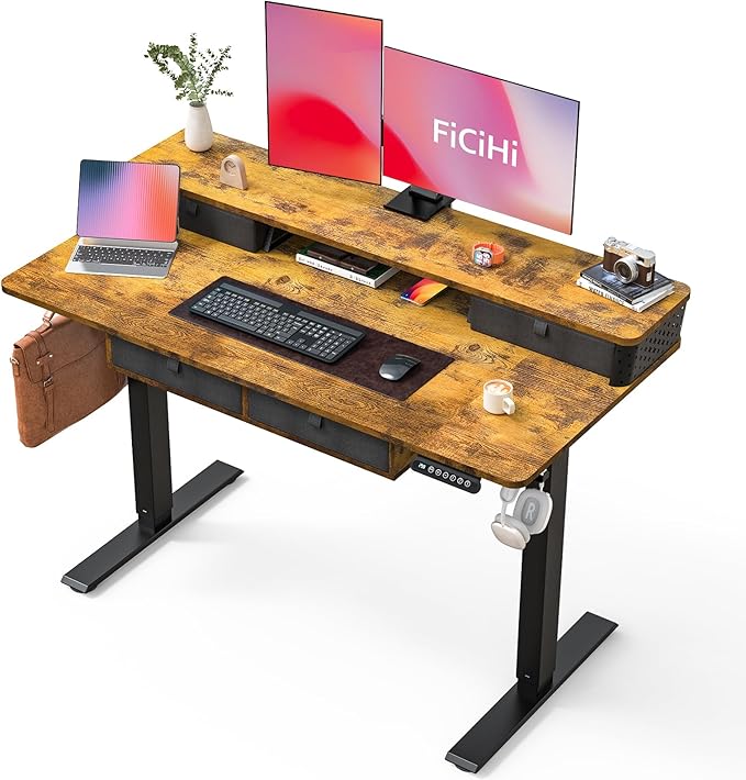 FiCiHi Adjustable Height Standing Desk with 4 Drawers,48 x 24 inches Electric Sit Stand Home Office Desk with Two Tiers, 3 Memory Presets, Monitor Stand Riser, C-Clamp Mount Compatible